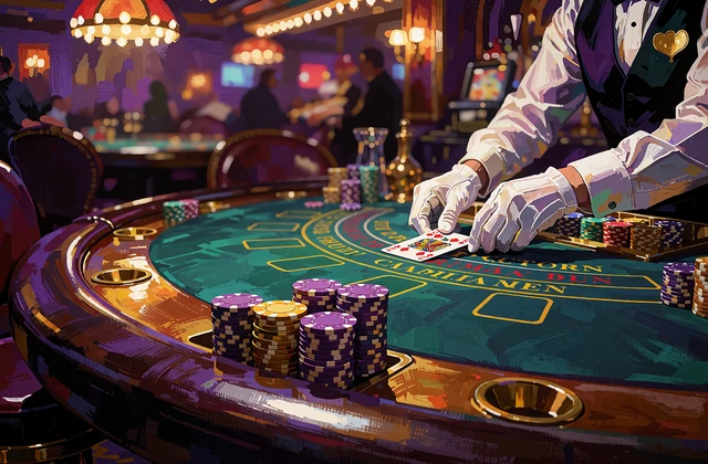 Gr&oslash;nt blackjackbord med stakke af lilla og gyldne jetoner og en dealers hvidhandskede h&aelig;nder - live blackjack hos Jokery