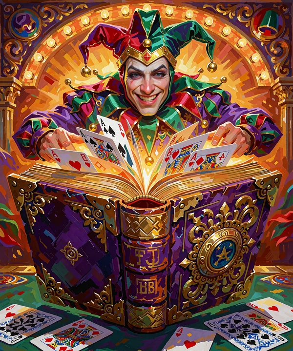 Grinende jester bag en &aring;ben, gyldent lysende bog - illustration af videoslots fra Pragmatic Play hos Jokery
