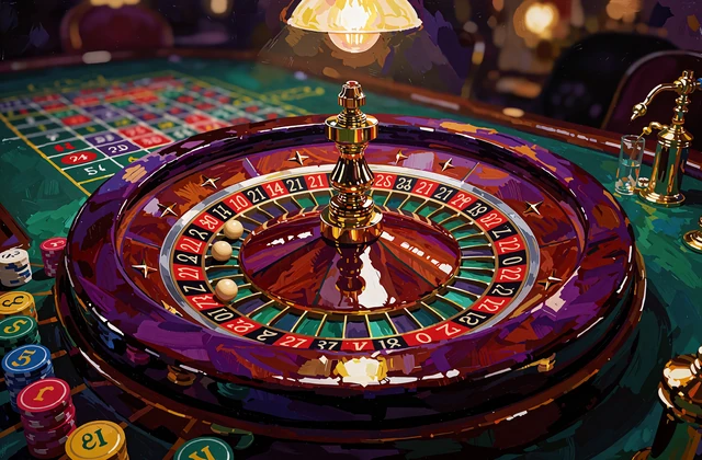 Roulettehjul i mahogni og guld p&aring; gr&oslash;nt filt under varmt lys - live roulette i Jokery Casinos live casino