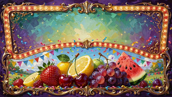 Glinsende k&aelig;mpefrugter i et festligt karnevalsarrangement - illustration af slots fra Relax Gaming