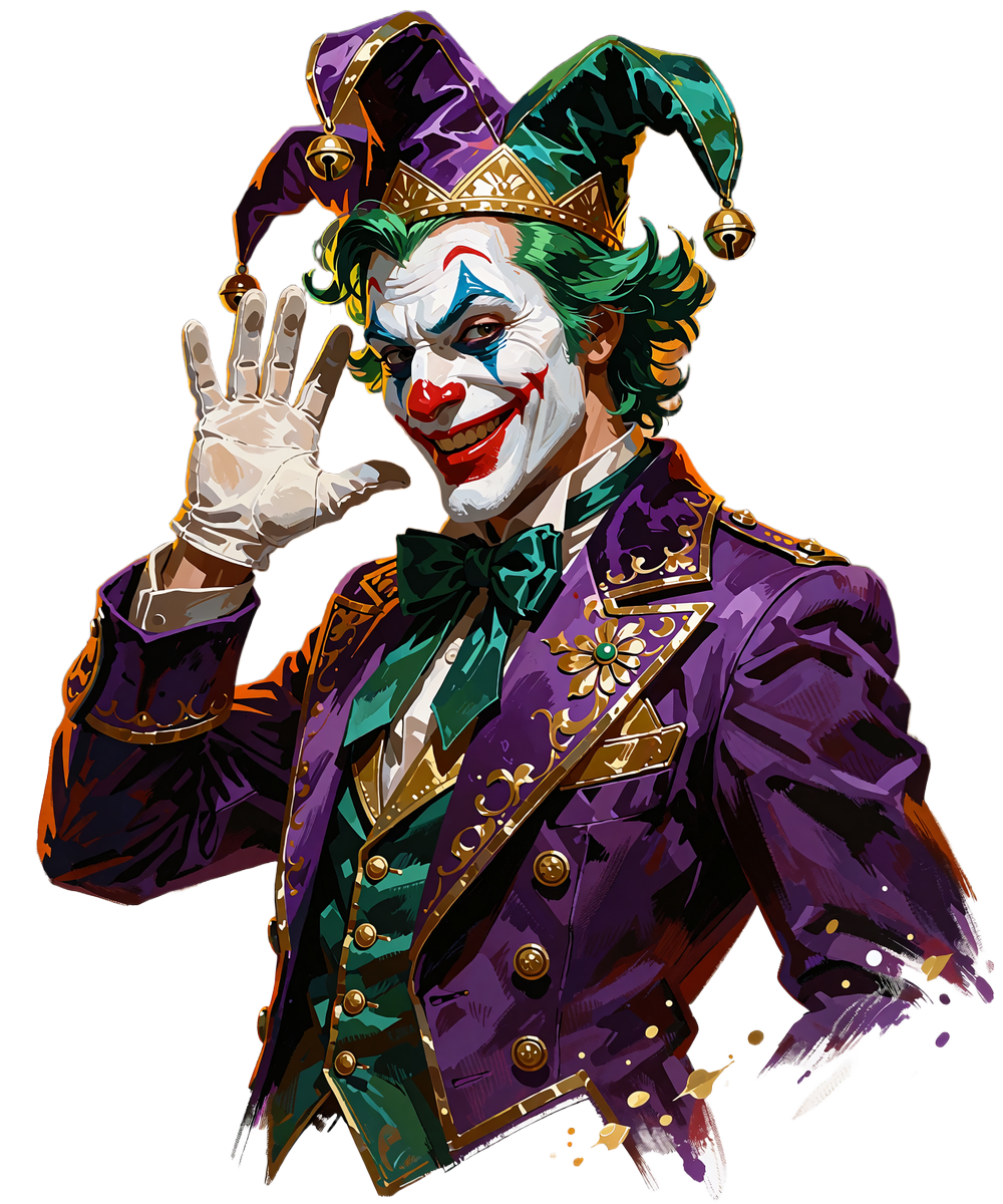 Jokery-maskotten Joker med gr&oslash;nt h&aring;r, hvid klovnemakeup og stort r&oslash;dt grin vinker med hvid handske