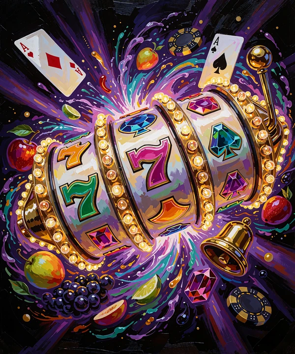 Tre spinnende slothjul i en lilla energieksplosion med frugter og kort - illustration af BGaming-slots
