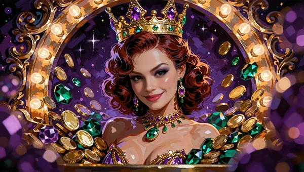 Smilende karnevalsdronning med guldkrone mellem sv&aelig;vende m&oslash;nter - illustration af Playtech-klassikere