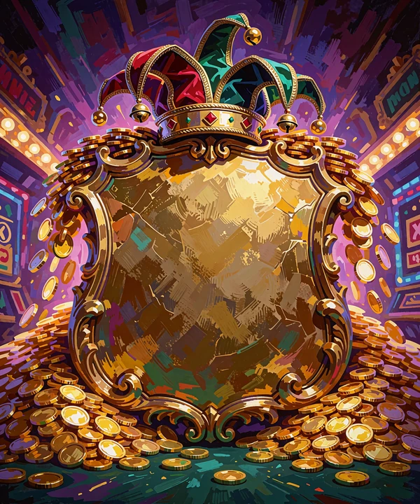 Gyldent skjold med jesterhat og bunker af guldm&oslash;nter - illustration af progressive jackpots hos Jokery Casino