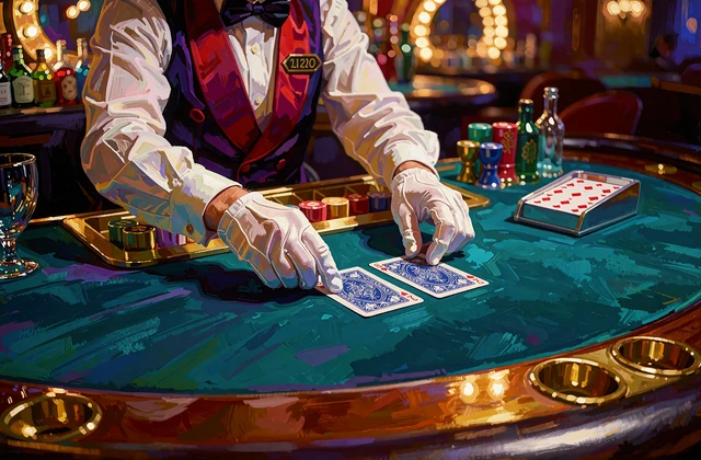 Dealer i hvid skjorte og r&oslash;d vest skubber to kort frem p&aring; et baccaratbord - live baccarat hos Jokery